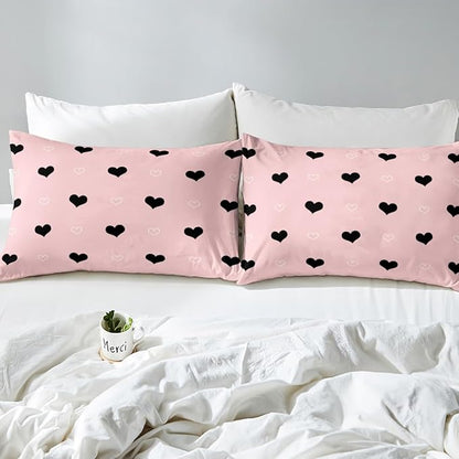Girls Comforter Set Twin Size Cute Heart Pattern Bedding Set Lovely Pink Black Down Comforter Cartoon Geometric Soft Quilt Set Girly Kawaii Bedroom Decor Gift Modern Duvet Set with 1 Pillowcase