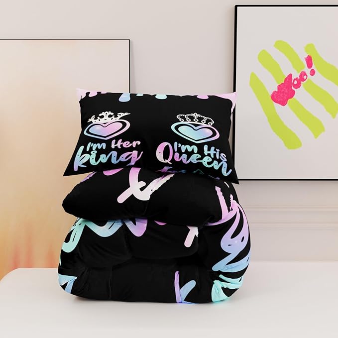 Queen and King Comforter Sets for Kids Adults,3D Pattern Black Pink Blue Color,Decorative Bedding Comforter Sets with 2 Pillow Shams, King Size