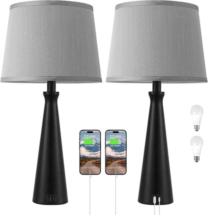 Seealle Modern Table Lamps Set of 2 - Touch Bedside Lamp for Nightstand with Dual USB C+A,3-Way Dimmable Nightstand Lamps for Living Room Bedroom End Table with Grey Shade(Bulb Included)