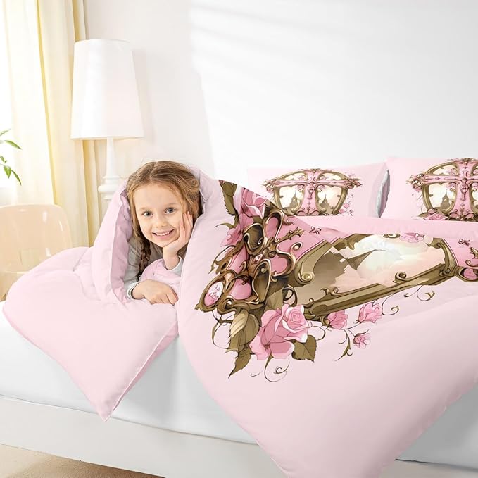 Erosebridal The Cross Theme Comforter Set, Patriotic Style Bedding Set King Size for Kids Girls Women Bedroom Decor, Rose Flower Down Comforter Romantic Floral Quilt, Pink