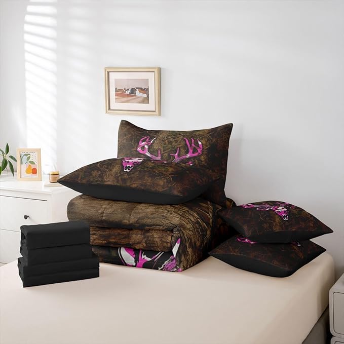 Erosebridal Deer Skull 7 Piece Bedding Set Twin Boho Comforter Set with Sheets Hunting Elk Western Camouflage Leaves Bed in a Bag Branches Pattern Purple Brown for Teens Men Women