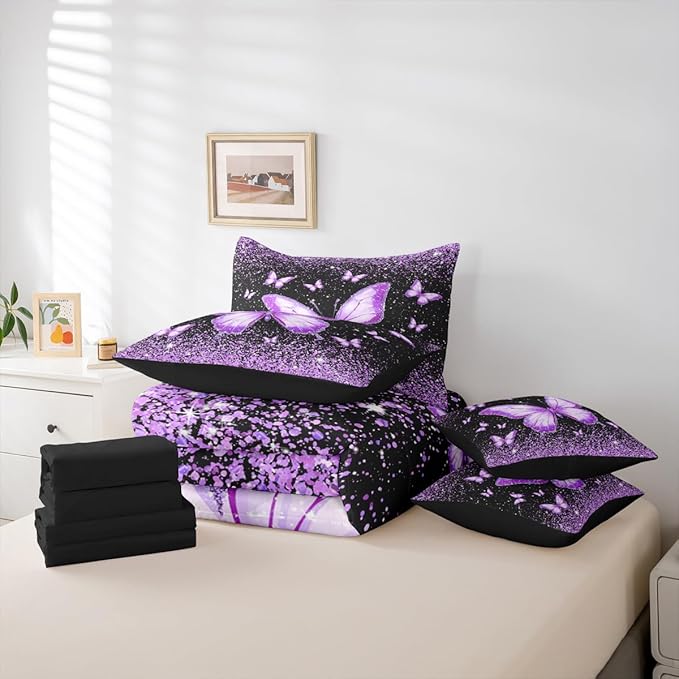 Feelyou Purple Butterfly 7 Piece Bedding Set Glitter Print Comforter Set with Sheets for Kids Boys Girls Pretty Animal Bed in a Bag Beautiful Butterfly Bed Set Soft Lightweight