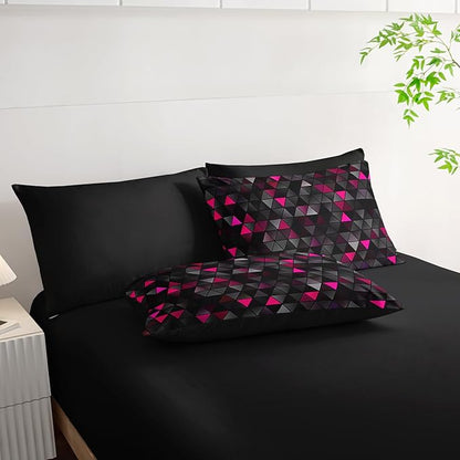 Geometric Pink Black Triangle Queen Size Comforter Set,Light Honeycomb Bedding Set 7 Piece in A Bag,Bed Sheet Set Geometry Decor,Microfiber Lightweight All Season
