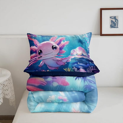 Erosebridal Kawaii Axolotl Comforter Set for Kids Boys and Teens Room, Salamander Animal Bedding Set King Size, Ocean Life Down Comforter,Underwater World Sea Animal Quilt, Breathable Room Decor