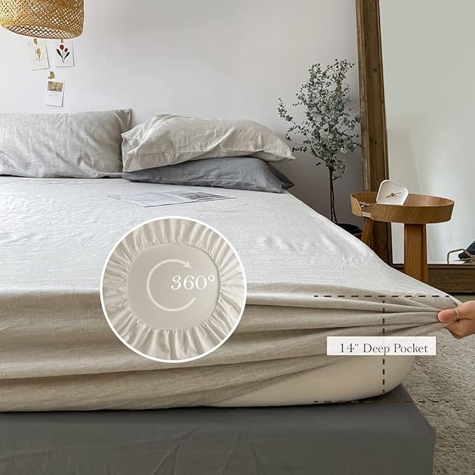 Simple&Opulence Washed Linen Bed Sheet Set Basic Style 4 Pieces (1 Flat Sheet & 1 Fitted Sheet & 2 Pillowcases) 100% Natural Linen Soft Breathable Farmhouse Bedding (Queen, Linen)