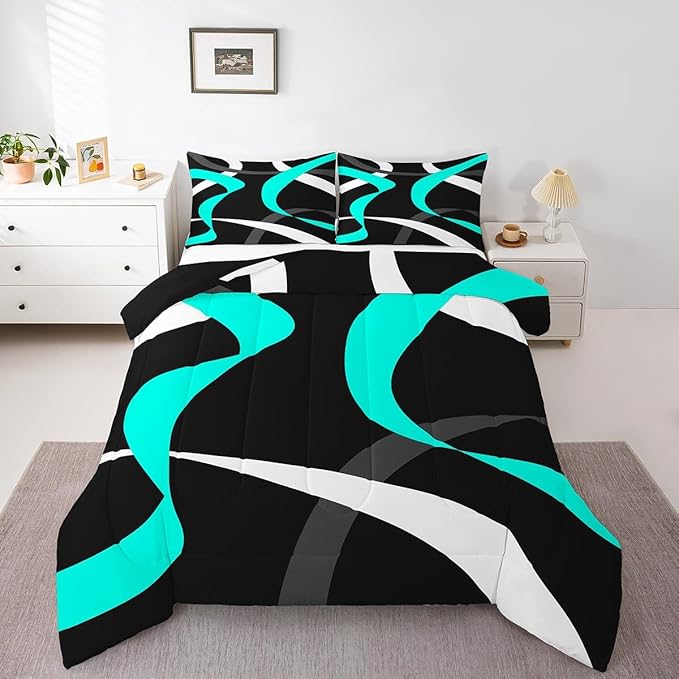 Erosebridal Grey Black Turquoise Bedding Comforter Sets Teal Gray White Striped Abstract Bedding Set Toddler for Kids Boys Girls Geometric Stripes Down Comforter Modern Fashion Quilt Duvet