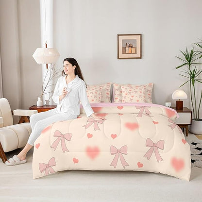 Erosebridal Bowknot Love Hearts Pink Girls King 7-Piece Comforter Set | Bow Kids Kawaii Sheets and Pillowcases Cute Ribbon Bed in A Bag Light Yellow Bed Sets