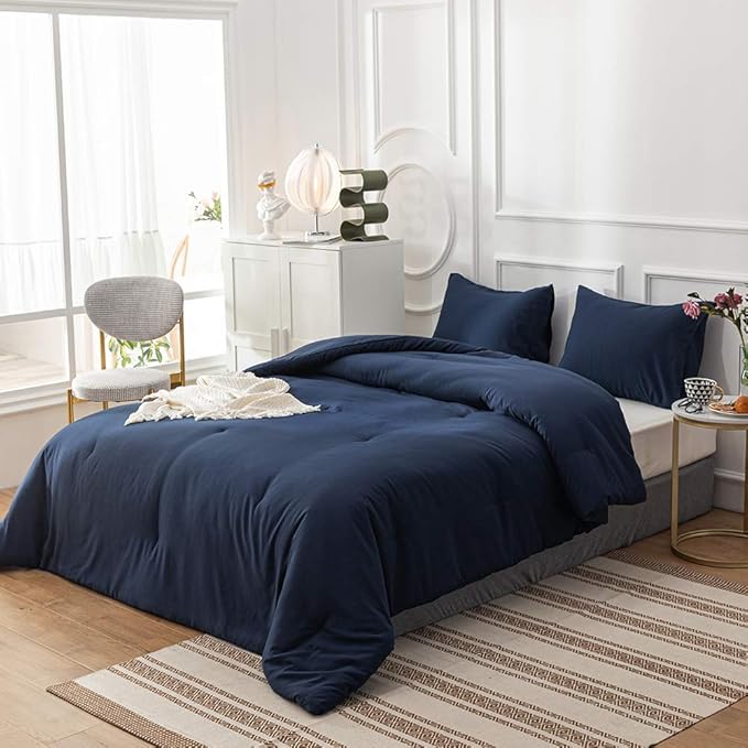 Pureant Navy Blue Comforter Full Set Dark Blue Bedding Set Solid Navy Full Blanket Quilts Men Women Cotton Blue Full Size Blanket Breathable Soft Navy Blue Comforter with 2 Pillowcases