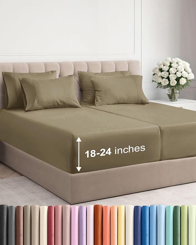 Extra Deep Split King Sheet Set - 7 Piece Breathable and Cooling Sheets - Hotel Luxury Bedding for Women, Men, Kids & Teens - Easy Secure Fit - Soft, Wrinkle Free & Comfy - Extra Deep Pockets - Khaki