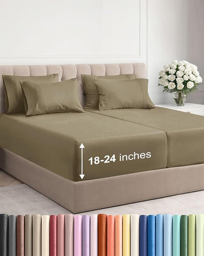 Extra Deep Split King Sheet Set - 7 Piece Breathable and Cooling Sheets - Hotel Luxury Bedding for Women, Men, Kids & Teens - Easy Secure Fit - Soft, Wrinkle Free & Comfy - Extra Deep Pockets - Khaki