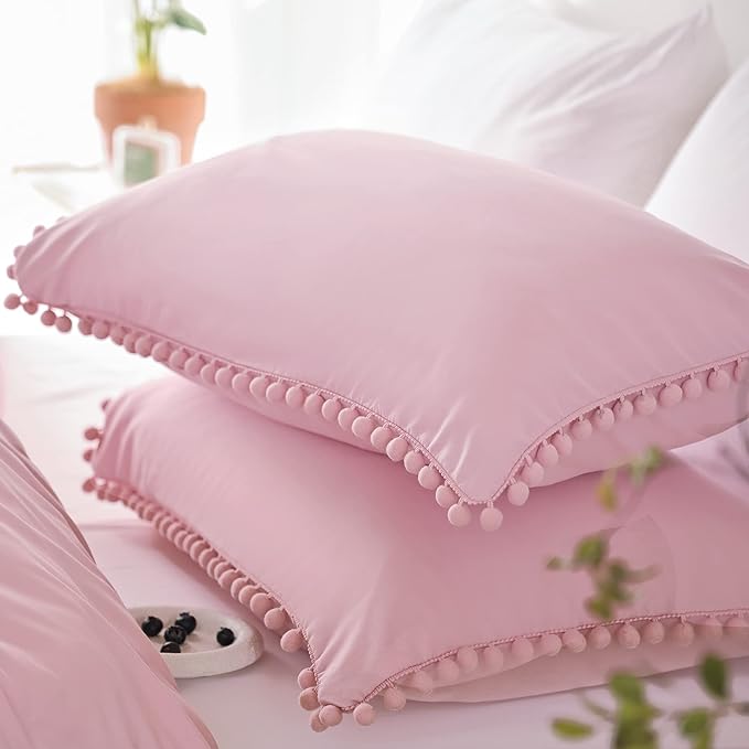 YIRDDEO Twin Comforter Set - Comforter Twin Size Bed with Ball Pom Fringe, Soft Bedding Set for All Seasons - 2 Pieces, 1 Comforter (66"x90") & 1 Pillow Sham(20"x26"), Dust Pink