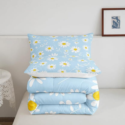 Manfei Daisy Comforter Set Twin Size, White Flower Leaves Bedding Set 2pcs for Kids Boys Girls Bedroom Decor, Botanical Garden Artwork Quilt Set Soft Polyester Duvet Set with 1 Pillowcase