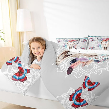 Bull Skull Comforter Set Full Size,Western Tribal Dream Catcher Feather Butterfly Bedding Set,Mandala Floral Quilt Set for Kids Girls Boys Room Decor,Vintage Boho Duvet Insert,2 Pillowcases