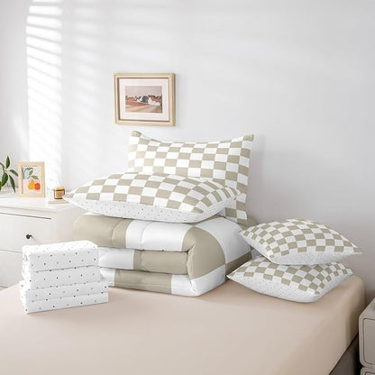 Feelyou Checkered 7 Piece Bedding Set Teen Women Men Beige Plaid Comforter Set with Sheets Queen Size Kids Boys Cute Retro Neutral Checkerboard Geometric Bed in a Bag Vintage Aesthetic Room Decor