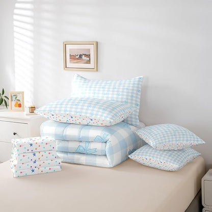 Feelyou Blue Bow Comforter Set with Sheets King Size Kids Bowknot Pliad 7 Pieces Bedding Set for Boys Girls Teens Gift for Girls Women Grid Bed in a Bag Breathable Princess Décor Bed Set