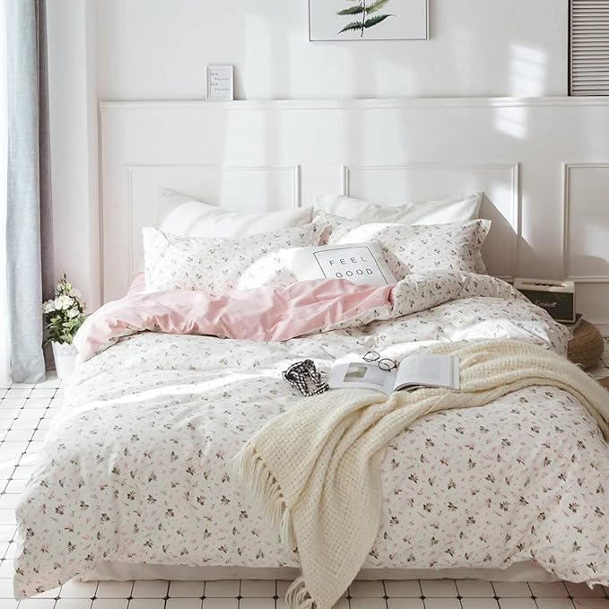 Twin Size Floral Comforter 2 Pieces Soft Cute Floral Bedding Comforter Sets Garden Style Pink Flower Print Botanical Flowers Comforter Set for All Seasons 1 Comforter and 1 Pillowcases