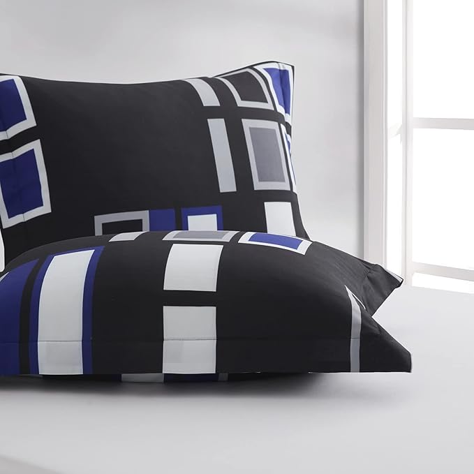 ARTALL Microfiber 2 Pieces Comforter Set Blue Gray Black Plaid Pattern Lightweight Bedding Set, Twin Size with 1 Sham