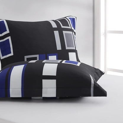 ARTALL Microfiber 3 Pieces Comforter Set Blue Gray Black Plaid Pattern Lightweight Bedding Set, King Size with 2 Shams