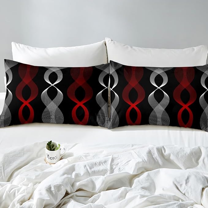 Erosebridal Red and Black Queen Comforter Set for Adults, Red Striped Bedding Set for Women Men Teens Adults Bedroom, Ombre Geometric Stripes Abstract Comforter, Contemporary Boho Modern Art Quilt