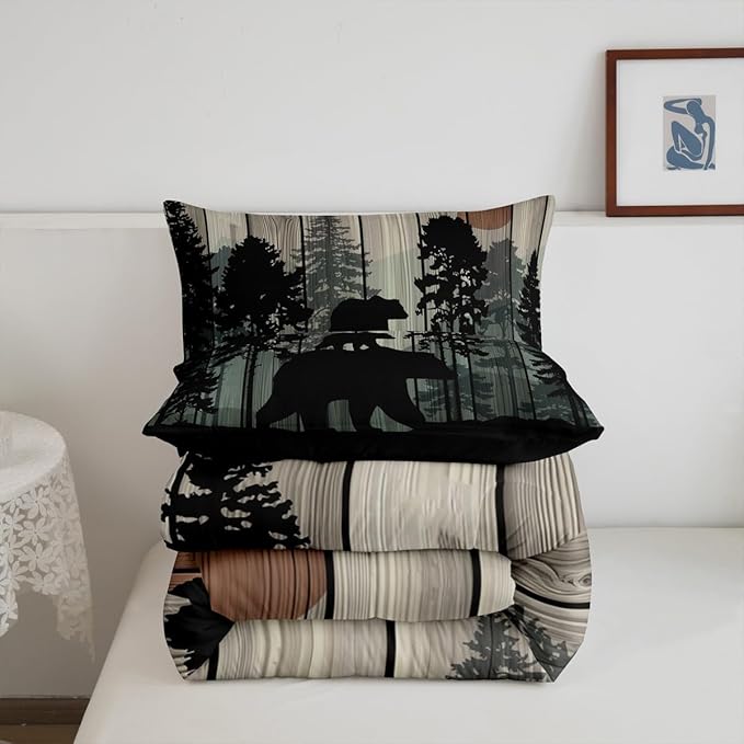 Feelyou Western Farmhouse Bedding Comforter Sets Queen Size, Cabin Lodge Bedding Sets, Hunting Bear Deer Comforter Set, Country Retro Duvet Insert, Rustic Woodland Pine Tree Quilt, Black Brown