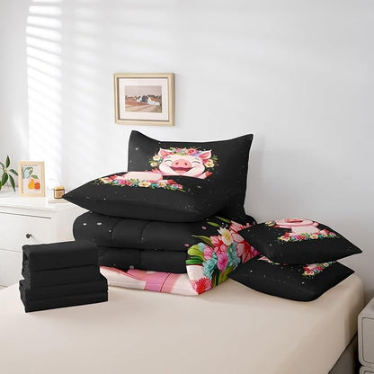 Erosebridal Pink Pig 7 Piece Comforter Set for Girls Kawaii Room Decor Full,Rose Floral Leaf Bed in a Bag with Flat Sheet and Fitted Sheet,Cute Farm Animal Cartoon Bedding Set with Pillowcase & Sham