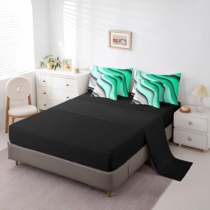 Erosebridal Green Teal Grey Ombre Bed in a Bag 7-Piece for Boys Geometric Stripe Bedding Set, Aesthetic Wave King Size Comforter Set Modern Abstract Bedding Comforter Sets, Gradient Bed Set