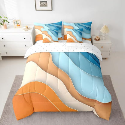 Blue Orange Ombre Bedding Full Size 7-Piece Kids Teens Adults Geometric Stripe Comforter Set, Aesthetic Wave Bedding Comforter Sets Modern Abstract Bed in a Bag, Gradient Bedding Accessories
