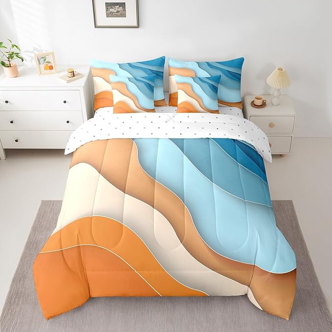 Erosebridal Blue Orange Ombre Queen Comforter Set 7 Pieces Kids Teens Adults Geometric Stripe Bedding Comforter Sets, Aesthetic Wave Bed in a Bag Modern Abstract Bedding Set, Gradient Bed Sheets Set