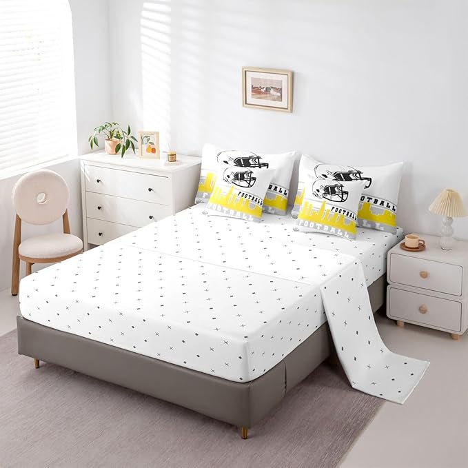 Erosebridal Football 7 Pcs Comforter Set King Football City Bedding Teens Grey Yellow Football Fans Sheet Set Bed in A Bag Rugby Game Room Decor Sports Ball Competition Quilt