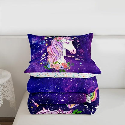 Unicorn Gifts for Girls,Kawaii Comforter Set Glitter Galaxy Bedding Set for Kids Toddler,Cartoon Magical Animal Duvet Insert Cute Horse Quilt Twin,Purple Unicorn Room Decor for Girls Bedroom