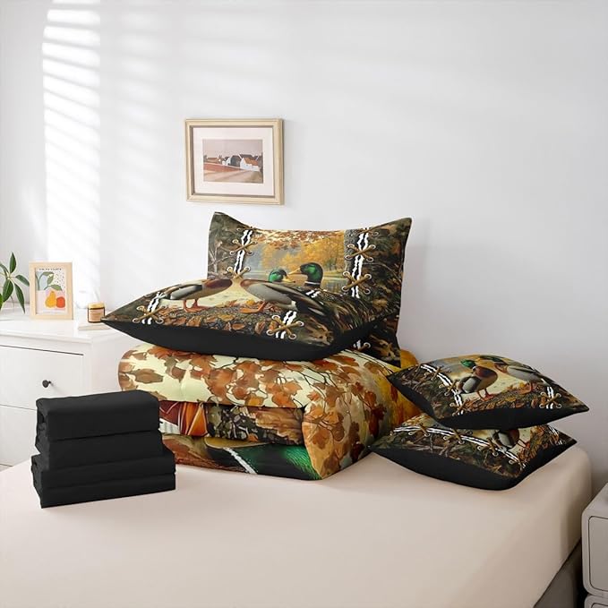 Erosebridal Rustic Bedding Twin Comforter Set with Sheets | Mallard Duck Camo Bedding 7 Piece Bedding Set Mens Hunting Bed in a Bag, Farmhouse Woodland Animals Room Decor,Camo Cabin Country Decor