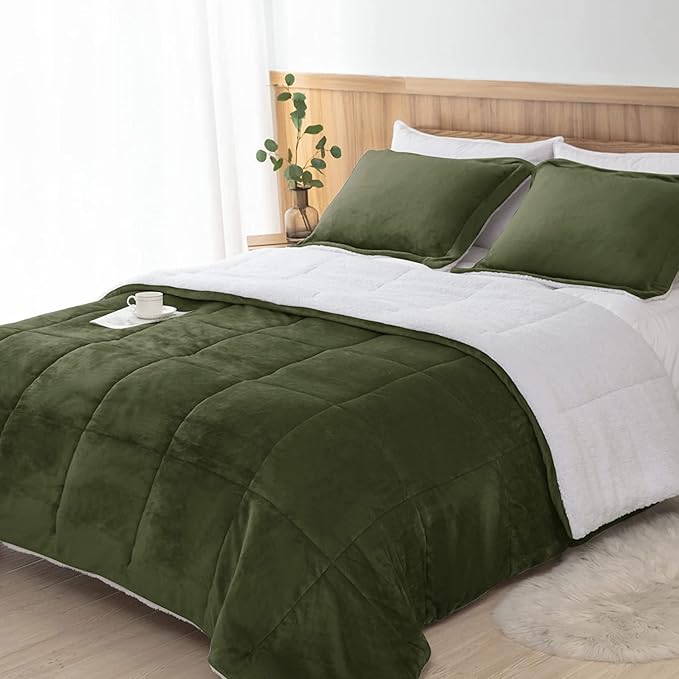 Seward Park Olive Green Sherpa Comforter Set Twin XL Size, All Season Soft Warm Fleece Fall Blanket, Winter College Dorm Bedding Sets with 1 Pillow Sham