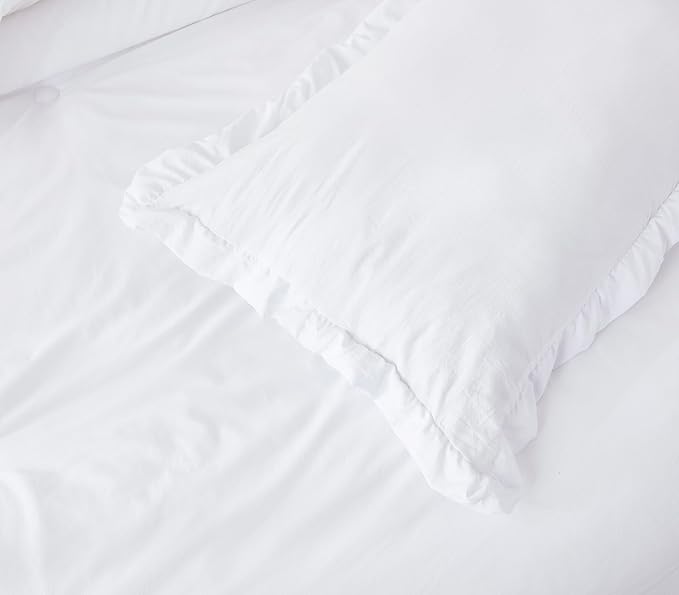 Chezmoi Collection Nora White Comforter Set Twin Size 2-Piece Lightweight Soft Stone-Washed Ruffled Shabby Chic Bedding for All Season