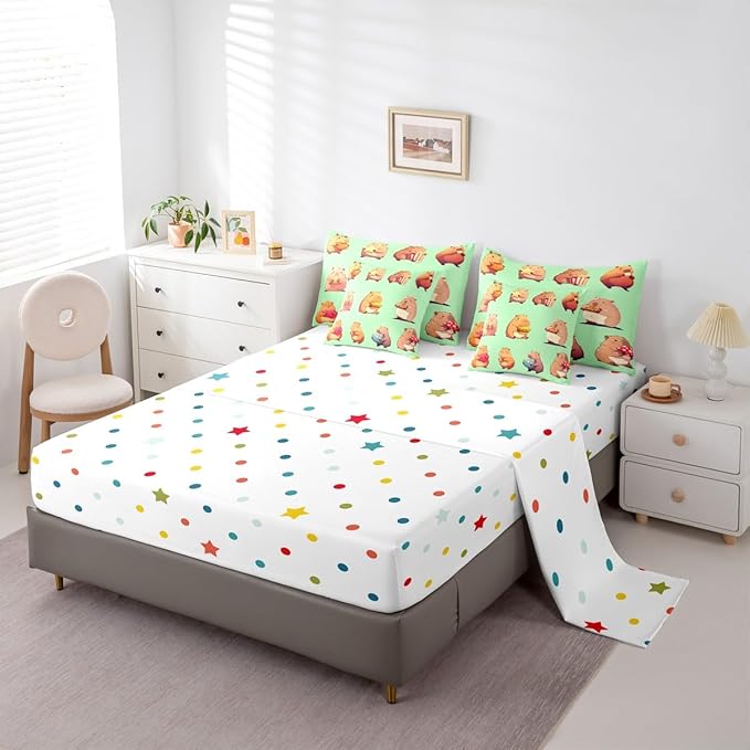 Erosebridal Funny Capybaras 7 Pieces Bedding Set King,Capybara Lover Bed in a Bag,Cartoon Rodents Bed Set Includes Comforter,Sheet Set,Pillowcases & Pillow Covers,Green Khaki Capybara Bedroom Decor