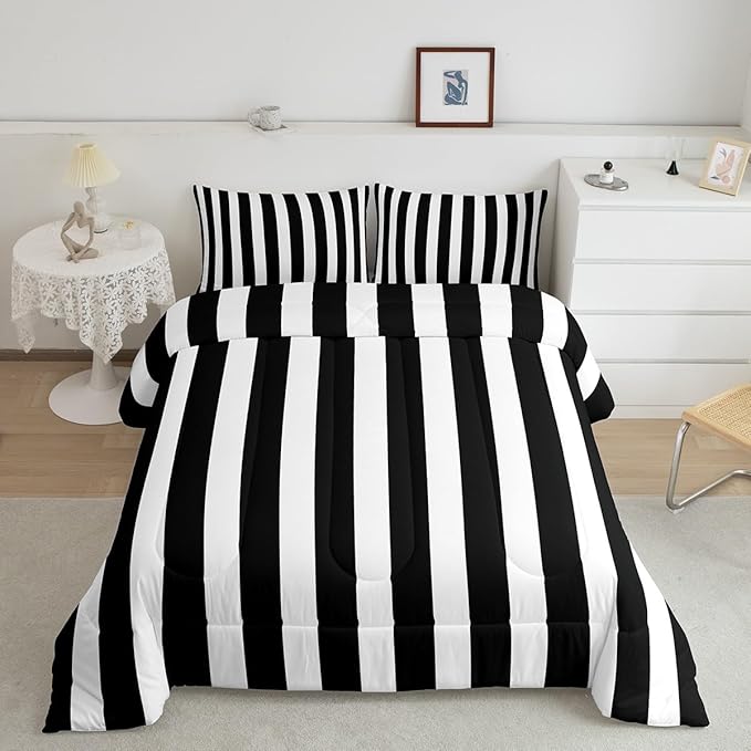 Erosebridal Black and White Striped Queen Comforter Set (Pink Reversible) | Striped Bedding Set Pink and Black Comforter Sets for Kids Teens Adults Cute Pinstripe Girls Bed Quilt Sets