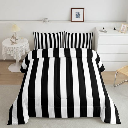 Erosebridal Black and White Striped Queen Comforter Set (Pink Reversible) | Striped Bedding Set Pink and Black Comforter Sets for Kids Teens Adults Cute Pinstripe Girls Bed Quilt Sets