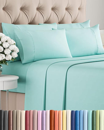 King 6 Piece Sheet Set - Comfy Breathable & Cooling - Ultra Soft Hotel Luxury Bedding Set w/ 8-16 Inch Deep Pockets - 1 Flat & 1 Fitted Sheet & 4 Pillowcases - Wrinkle Free and Easy Care - Spa Blue