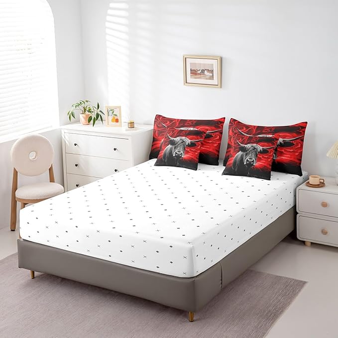 Erosebridal Highland Cow Comforter Set 7 Piece,Red Rose Bed in a Bag King,Western Bull Cattle Fitted Sheet,Romantic Rose Floral Quilt Set,Wild Animals Wildlife Bedding Set Farmhouse Bedroom Decor