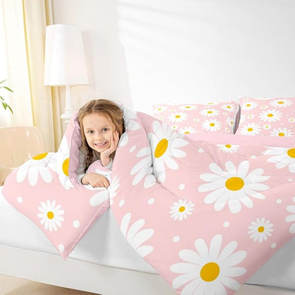 Erosebridal Flower Queen Comforter Set Pink Daisy Floral Girls Bedding Set Cute Cartoon Flowers Comforter for Kids Teen Women Bedroom All Season,Kawaii Bed Set with 2 Pillowcases