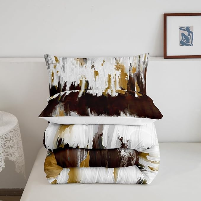 Maillard Brown Bedding Set King Abstract Watercolor Comforter Set, Gradient Stripe Duvet Insert Chic Vintage Aesthetic Quilt Sets, Graffiti Oil Painting Modern Bedding Comforters & Sets for Kids Teens