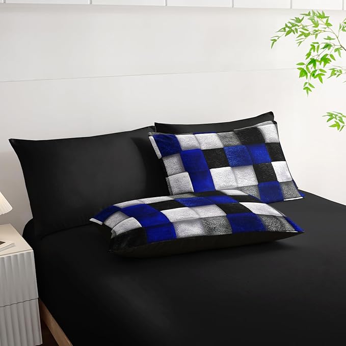 7 Piece Black White Blue Checkered King Size Comforter Set with Sheets，King Size Quilt Bedding Set Checkered，(1 Comforter, 1 Flat Sheet, 1 Fitted Sheet, 2 Pillowcase and 2 Pillow Sham)