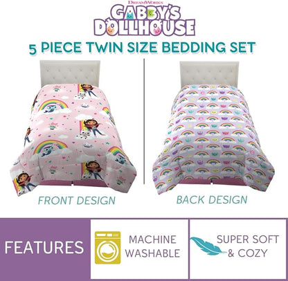 Gabby's Dollhouse Kids Twin Size Bedding, 5 Piece Super Soft Cozy Reversible Comforter and Sheet Set with Sham, (Officially Licensed Product) by Franco