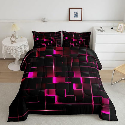 Erosebridal Pink Black Bedding Set Twin Size Neon Geometric Kids Comforter Set 2 Pcs Honeycomb Bed Sets Modern Quilt,1 Comforter 1 Pillow Case Cool Room Decor, Bside Black
