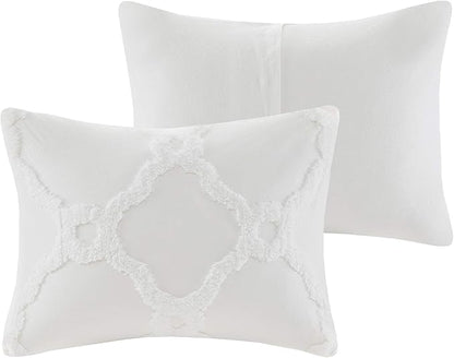 Madison Park Tufted Chenille Cotton Comforter, All Season Bedding Set, Matching Shams, Pacey Shabby Chic, Geometric Ogee Off White Full/Queen(90"x90") 3 Piece