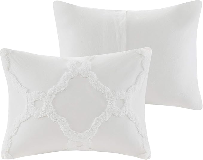 Madison Park Tufted Chenille Cotton Comforter, All Season Bedding Set, Matching Shams, Pacey Shabby Chic, Geometric Ogee Off White King/Cal King(104"x92") 3 Piece