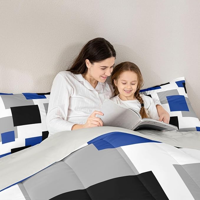 Castle Fairy Blue Black White Bedding Set for Boys Girls,Modern Abstract All Season Cozy Comforter Set Full Size,Geometric Grid Splicing Duvet Set Bedroom Decor,Festival Gifts