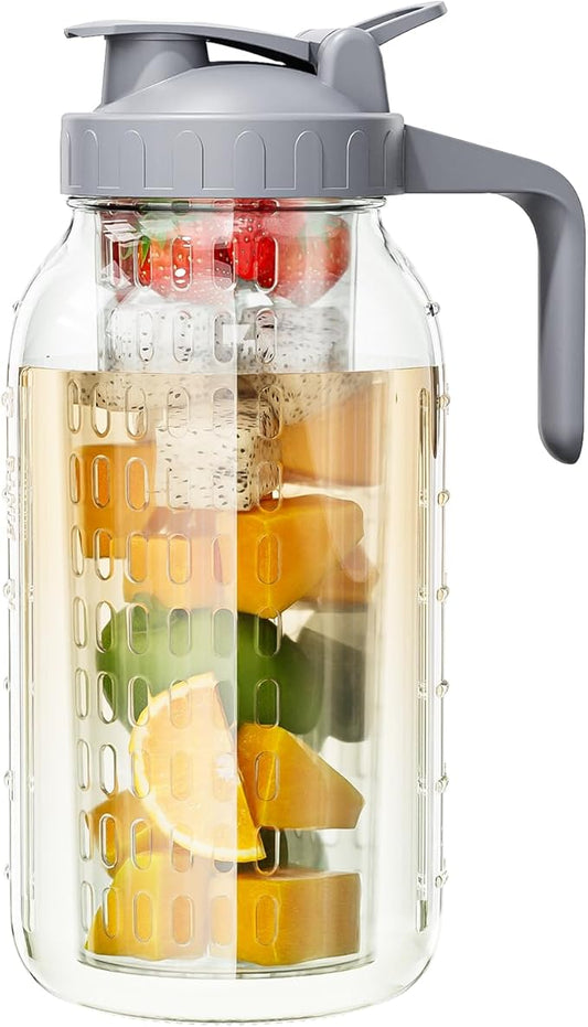 64 oz Fruit Water Infuser Pitcher, Heavy Duty Wide Mouth Glass Pitcher with Lid and Pour Spout, Tea Jug Airtight Seal for Freshness and Convenience, Great for Cold Beverages, Breast Milk