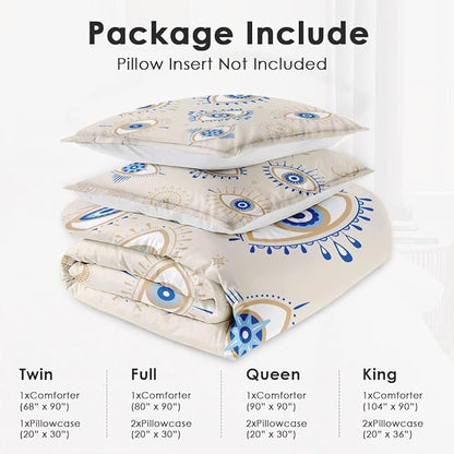Twin Size Comforter Set with Pillowcase, Bohemian Eye 2 Pcs Bedding for Kids and Adults, Blue Boho Soft Comforter Set for Bedroom Bed Decor