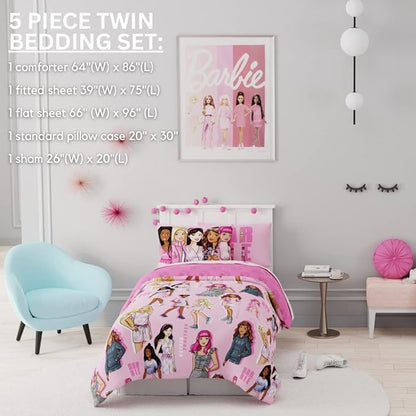 Franco Barbie Barbiecore Bedding Super Soft Comforter and Sheet Set with Sham, 5 Piece Twin Size, College Dorm Essentials (Official Licensed Product)