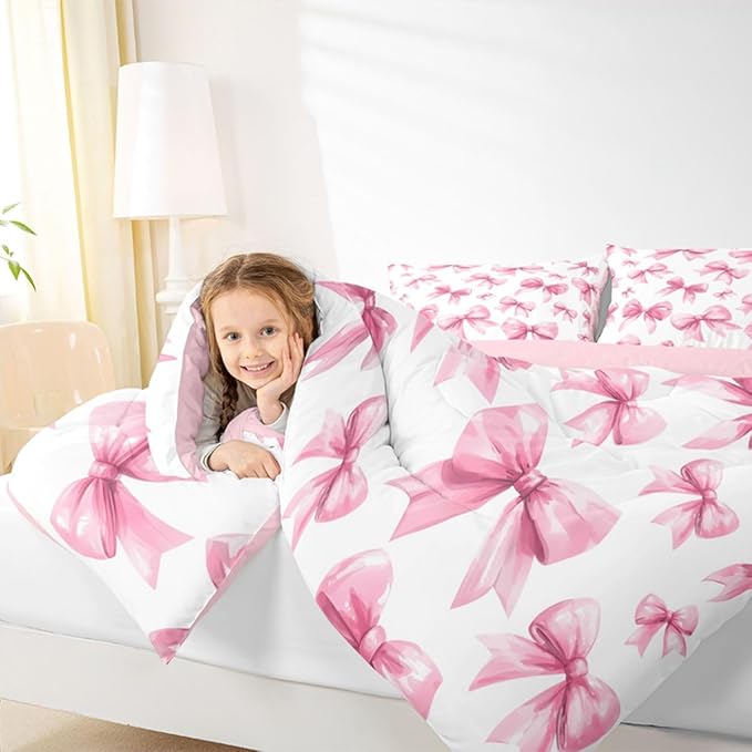 Feelyou Pink Bow Kids Comforter Set Twin Size Cute Bowknot Bedding Set Princess Decor Duvet Quilt for Kids Boys Girls Bedroom Kawaii Decor Microfiber Ultra Soft Breathable